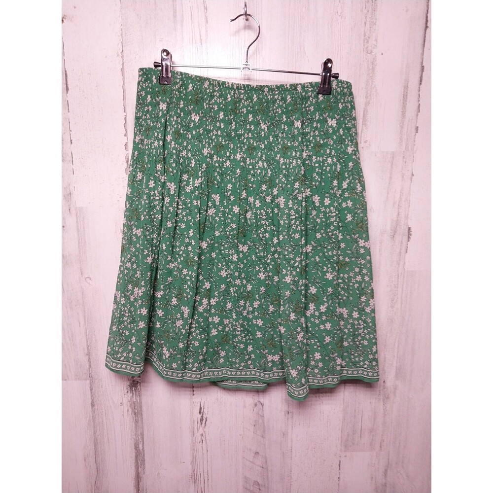 Max Studio Mini Skirt Floral Flowy Smocked Waist L Green Boho Chiffon Lined